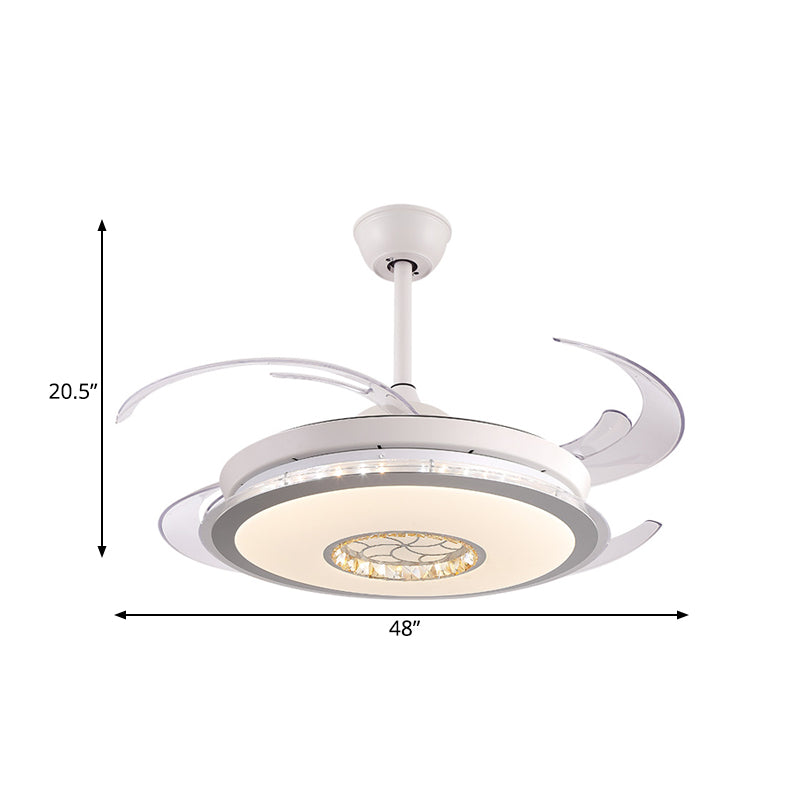 48" W LED Circle Semi Flush Lighting Modernism White Acrylic 4 Clear Blades Ceiling Pendant Fan Lamp for Bedroom