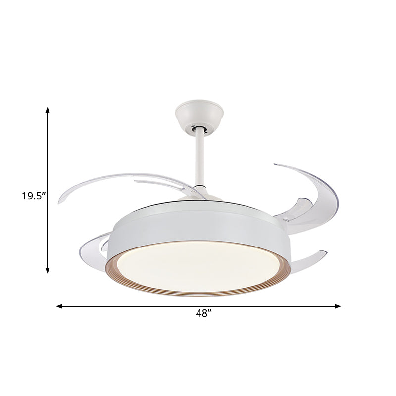 Round Acrylic Hanging Fan Light Minimalist LED Bedroom Semi Flush Mount Lamp in White with 4 Blades, 48" W