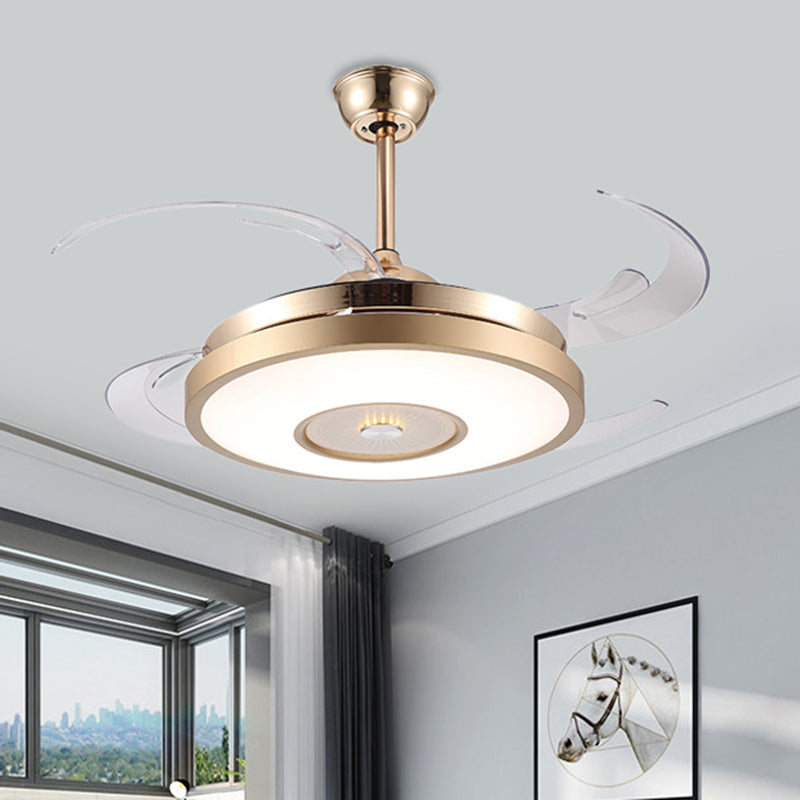 Gold Drum Pendant Fan Lamp Fixture Modernist Acrylic Living Room 4 Blades LED Semi Flushmount, 48" Wide