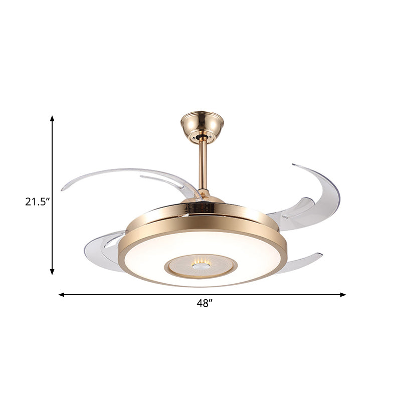 Gold Drum Pendant Fan Lamp Fixture Modernist Acrylic Living Room 4 Blades LED Semi Flushmount, 48" Wide