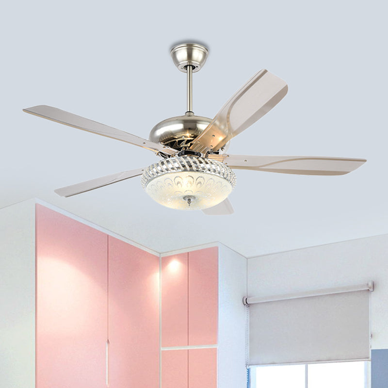 Modern Dome Semi Flush Lighting LED Metallic Ceiling Fan Lamp in Silver for Living Room with 5 Clear Blades, 48" Wide