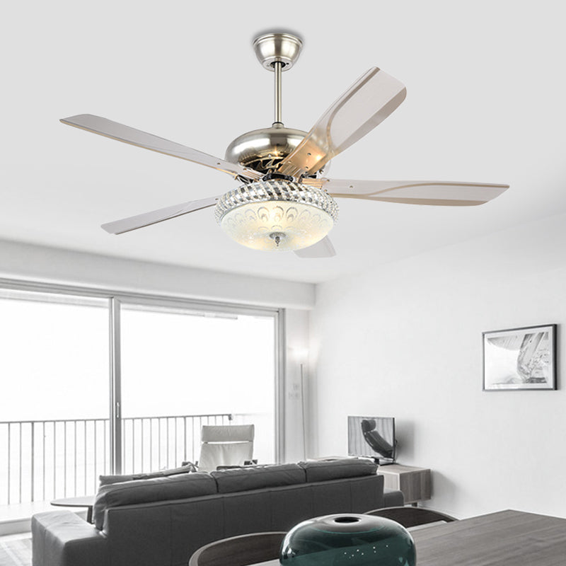 Modern Dome Semi Flush Lighting LED Metallic Ceiling Fan Lamp in Silver for Living Room with 5 Clear Blades, 48" Wide