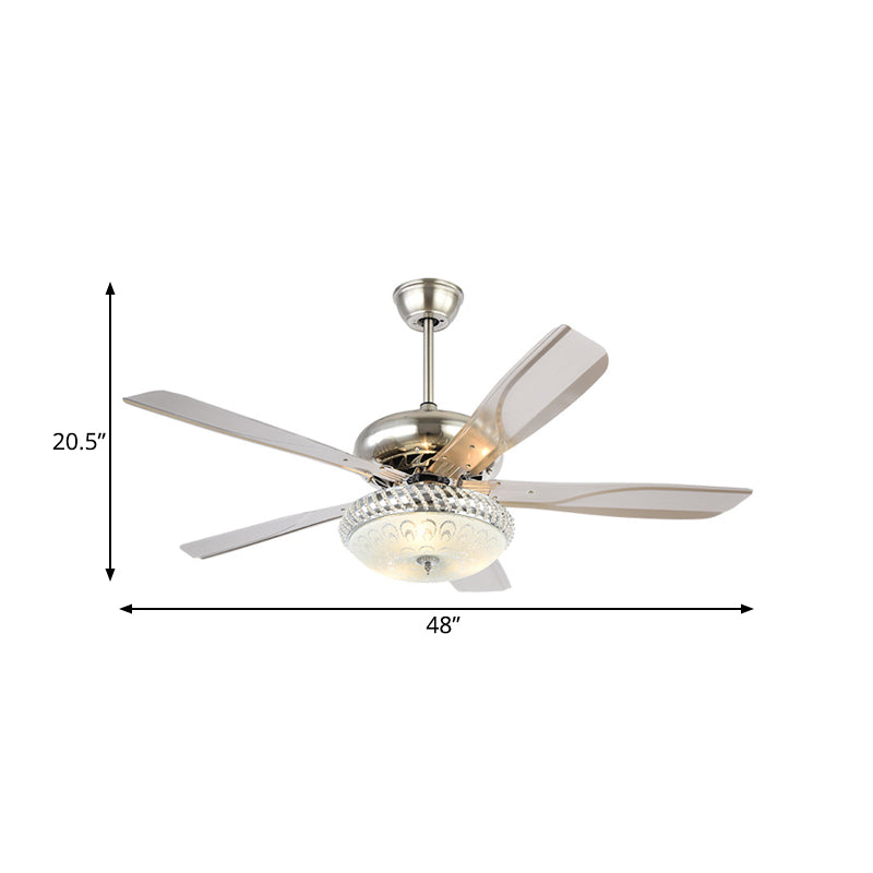 Modern Dome Semi Flush Lighting LED Metallic Ceiling Fan Lamp in Silver for Living Room with 5 Clear Blades, 48" Wide