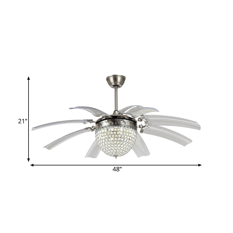 Dome Living Room Fan Lighting Fixture Modern Crystal 48" W LED Silver Semi Flush Mounted Lamp with 8 Clear Blades