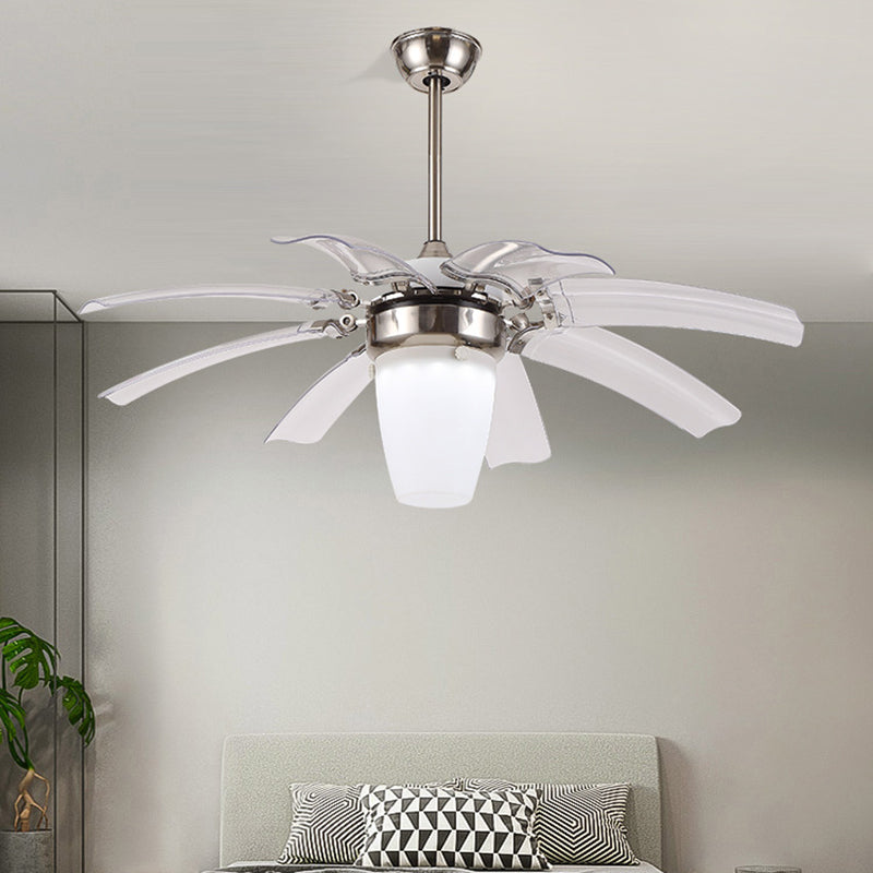 42" W LED Semi Flushmount Contemporary Cone Opal Glass 8 Blades Ceiling Fan Lighting in Silver for Bedroom