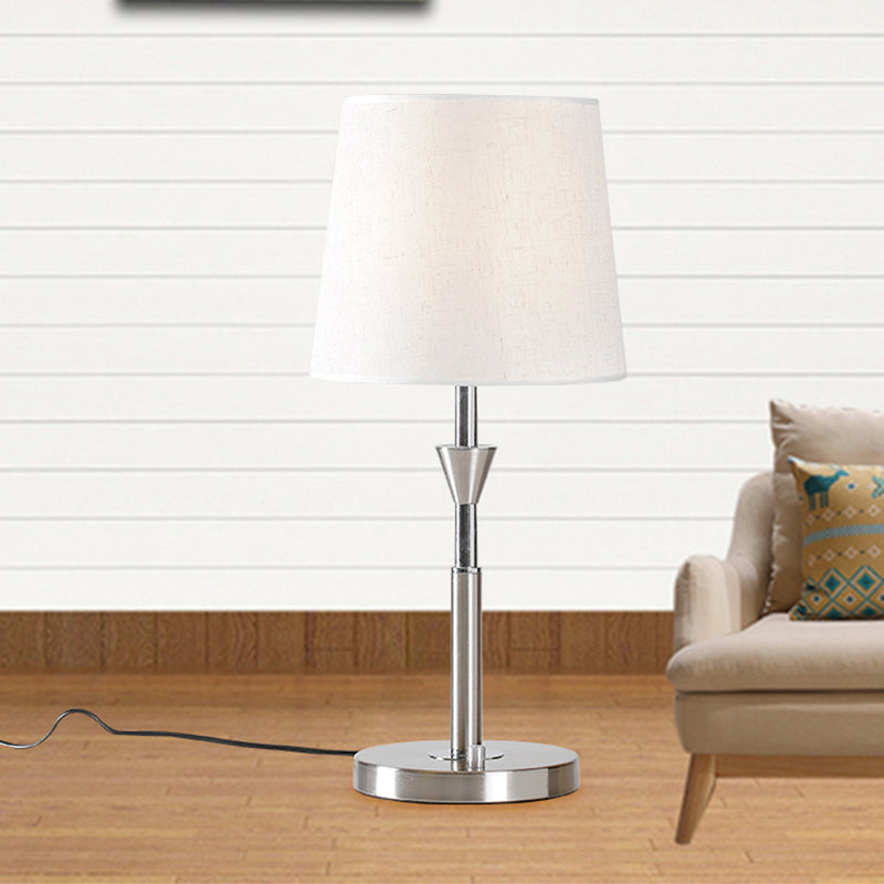 Barrel Desk Light Modern Fabric 1 Bulb Night Table Lamp in White with Metal Base