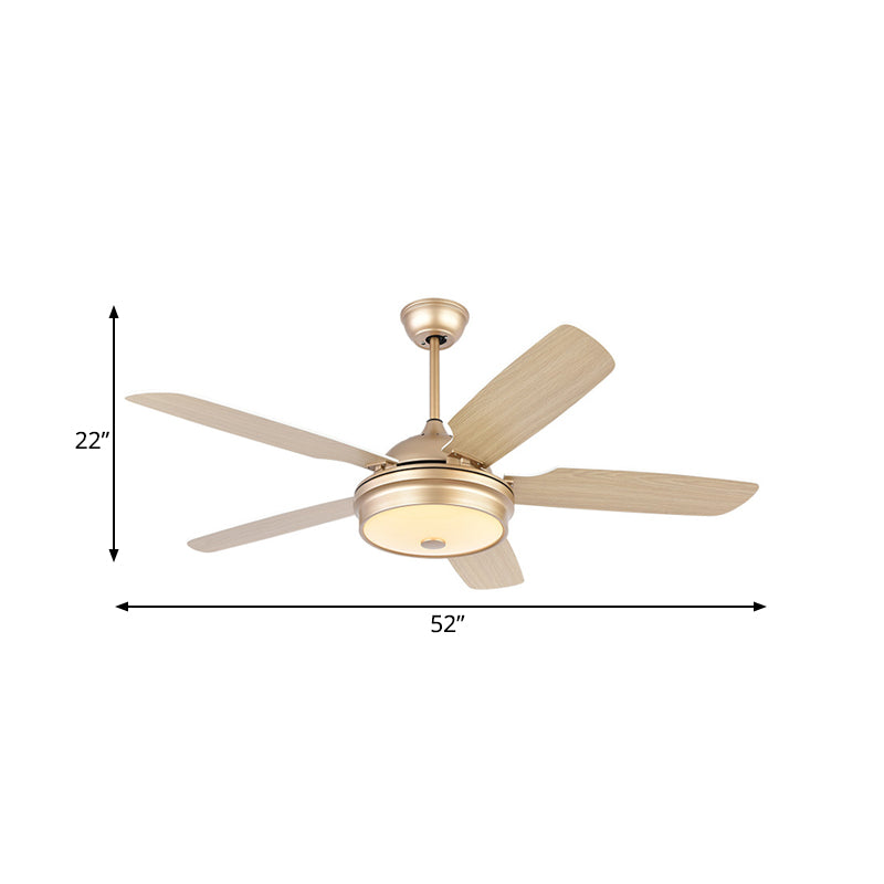 52 "LED de large métal suspendu au ventilateur de ventilateur moderniste gold tambour salon 5 lames semi-flushmount avec une teinte acrylique