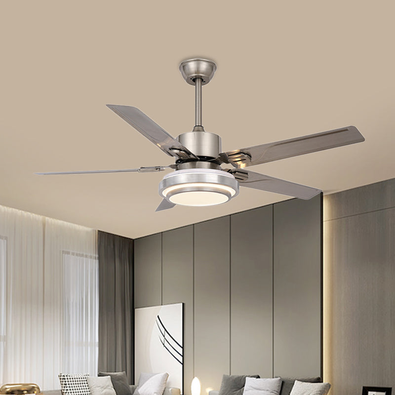 Metallic Circle Pendant Fan Light Modernism Bedroom 48" W LED Semi Flush Mount Lamp in Nickel with 5 Silver Blades, Frequency Conversion/General