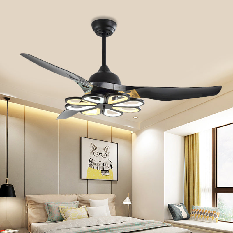 Acrylic White/Black Semi Flushmount Flower Contemporary 52" W LED Pendant Ceiling Fan Light for Living Room, 3 Blades