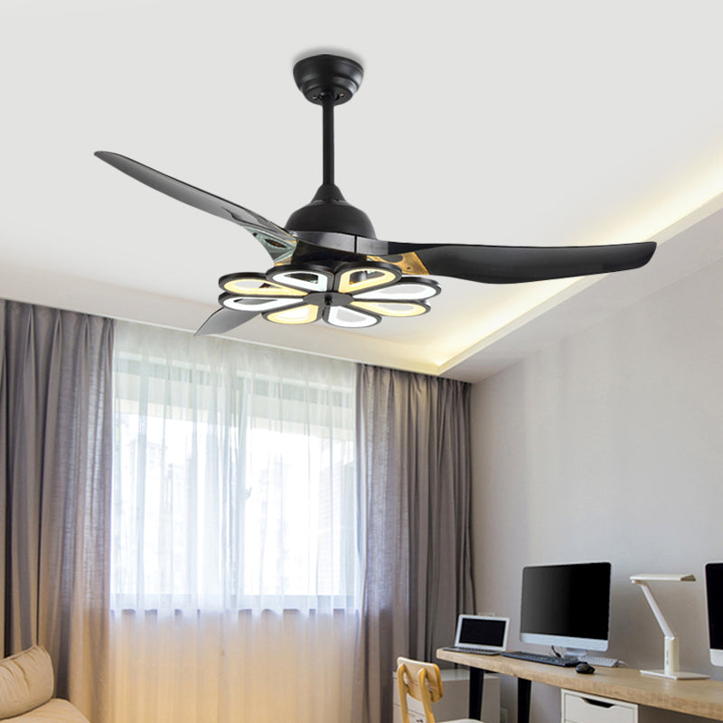 Acrylic White/Black Semi Flushmount Flower Contemporary 52" W LED Pendant Ceiling Fan Light for Living Room, 3 Blades