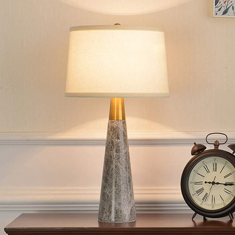 Shaded Nightstand Lamp Modern Fabric 1 Head White Task Lighting with Cone Grey Marble Base