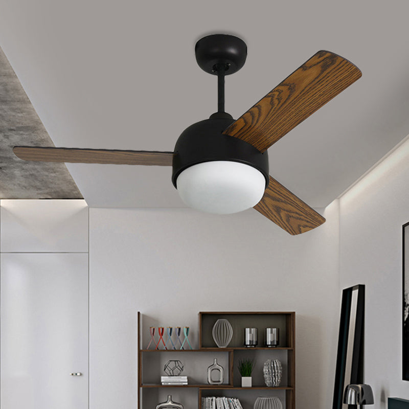 36" Wide LED Dome Semi Flush Lighting Modernist White/Black Finish Metal Ceiling Fan Lamp with 3 Wooden Blades