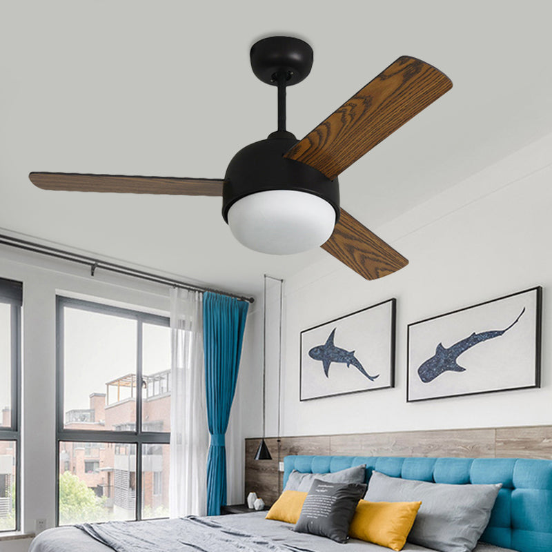 36" Wide LED Dome Semi Flush Lighting Modernist White/Black Finish Metal Ceiling Fan Lamp with 3 Wooden Blades