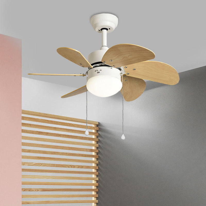 Modern 6 Blades Semi Flush Lighting Wood 30" Wide LED Ceiling Fan Lamp in Beige, Wall Control/Pull Chain