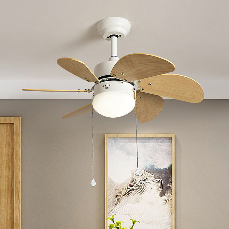 Modern 6 Blades Semi Flush Lighting Wood 30" Wide LED Ceiling Fan Lamp in Beige, Wall Control/Pull Chain