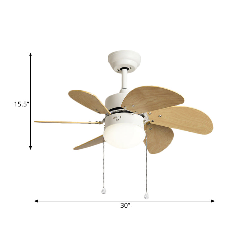 Modern 6 Blades Semi Flush Lighting Wood 30" Wide LED Ceiling Fan Lamp in Beige, Wall Control/Pull Chain