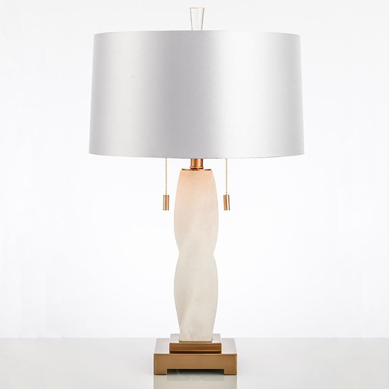 2 Heads Cylindrical Desk Light Modern Fabric Night Table Lamp in White with Pull Chain