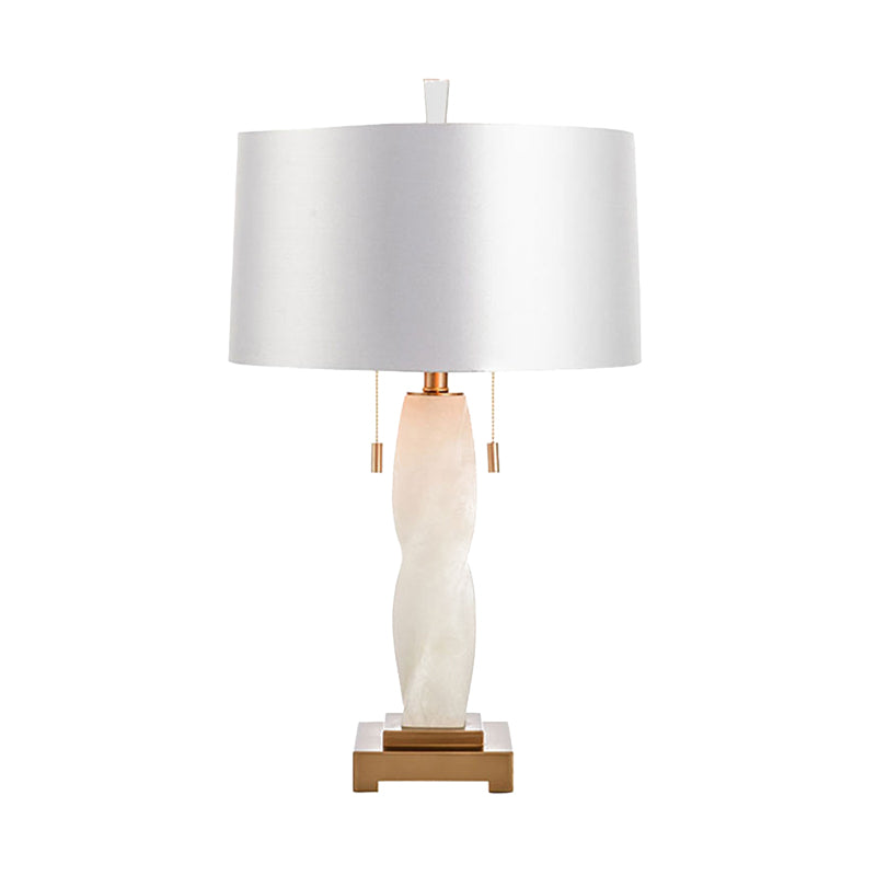 2 Heads Cylindrical Desk Light Modern Fabric Night Table Lamp in White with Pull Chain