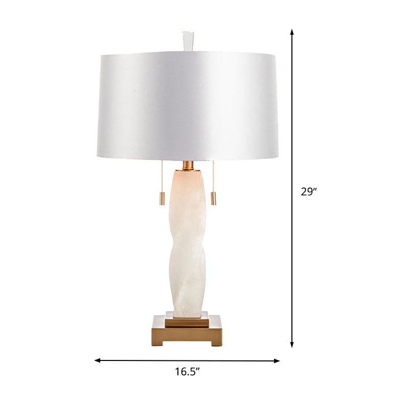 2 Heads Cylindrical Desk Light Modern Fabric Night Table Lamp in White with Pull Chain