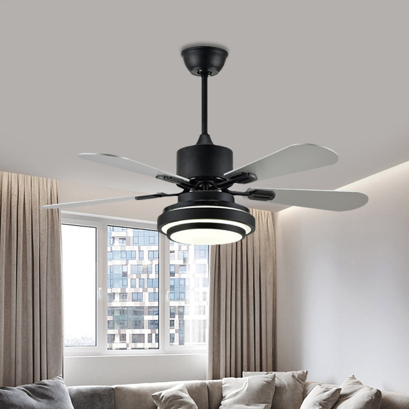 48" W Black LED Ceiling Fan Lamp Modernist Metal Round Semi Flush Mounted Lamp for Living Room with 4 Silver Blades, Frequency Conversion