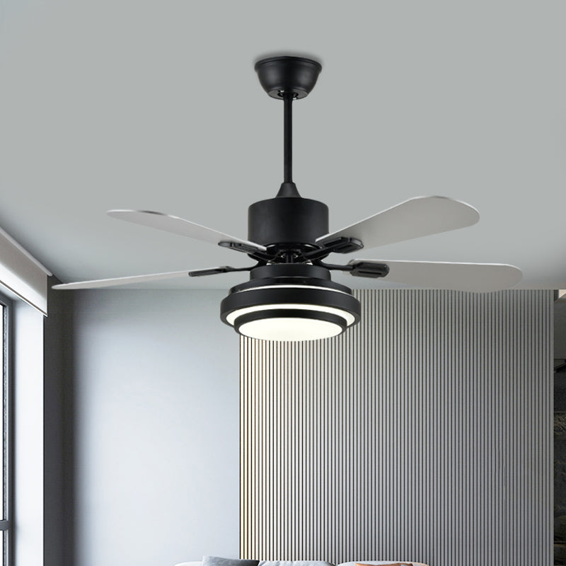 48" W Black LED Ceiling Fan Lamp Modernist Metal Round Semi Flush Mounted Lamp for Living Room with 4 Silver Blades, Frequency Conversion