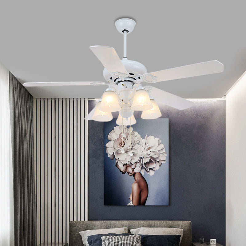 White 5 Lights Hanging Fan Lighting Modernist Opal Glass Bell Shade Semi Flush Lamp with 5 Blades for Living Room, 48" W