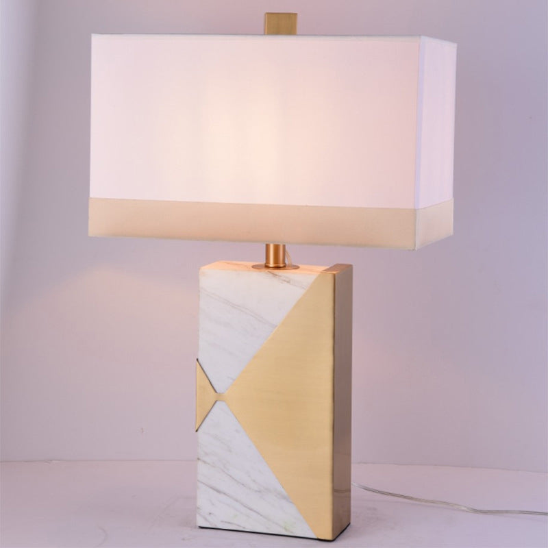 White Rectangular Table Light Modernist 1 Bulb Fabric Small Desk Lamp with Marble Base