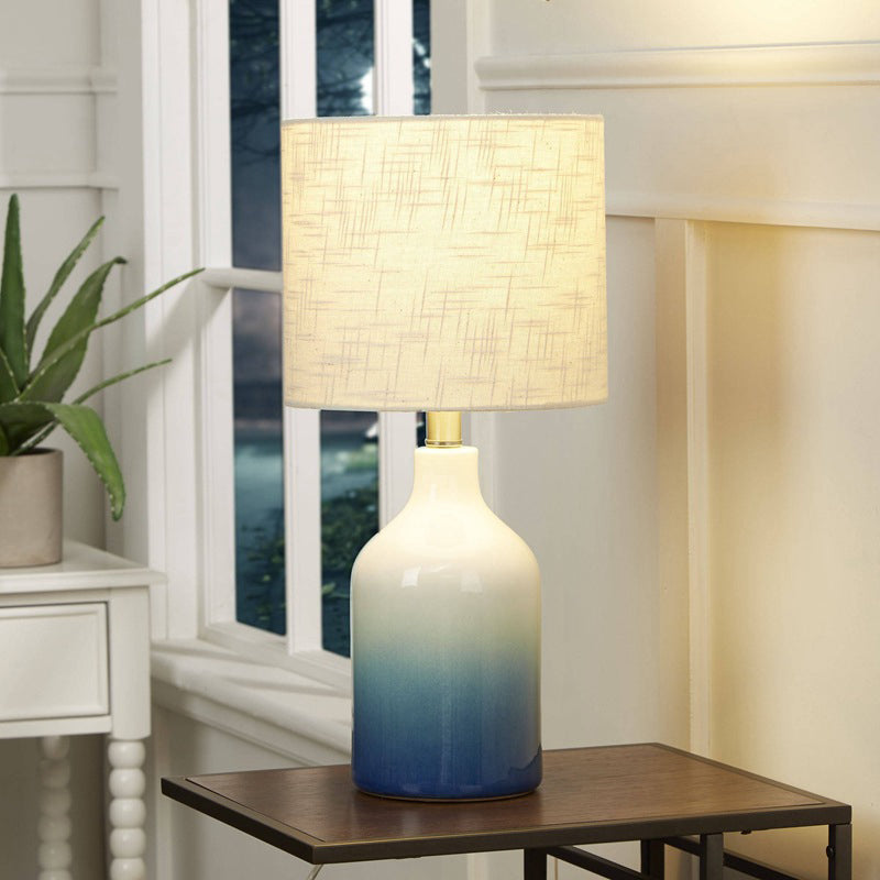 Urn Task Light MODERNE CERAMIC 1 tête Blue Table Table avec tambour Blanc Fabric Shade