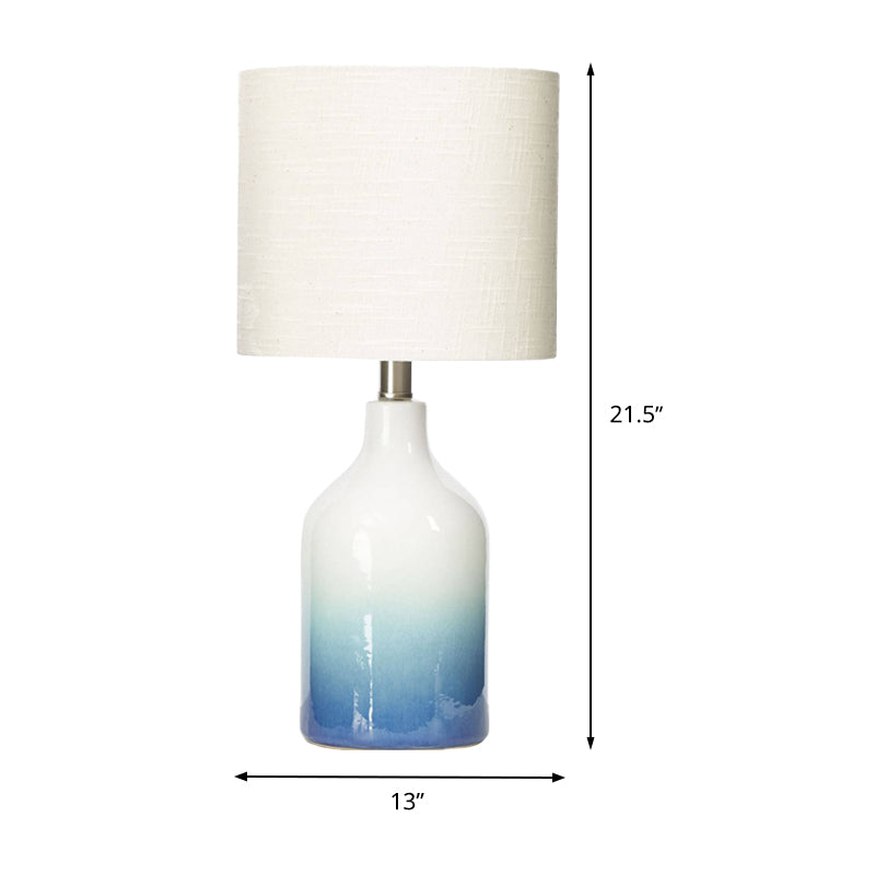 Urn Task Light Modern Ceramic 1 Head Blue Table Lamp with Drum White Fabric Shade