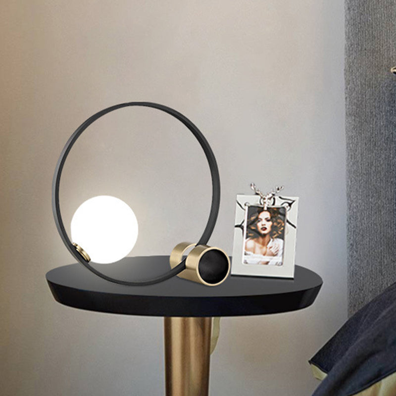 1 Bulb Circle Desk Light Modern Metal Nightstand Lamp in Black with Milk Glass Shade