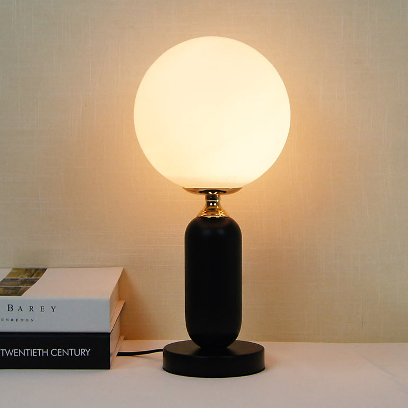 1 Bulb Study Table Lamp Modern Black Reading Book Light with Round White Glass Shade