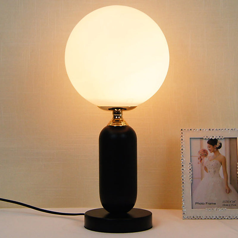 1 Bulb Study Table Lamp Modern Black Reading Book Light with Round White Glass Shade