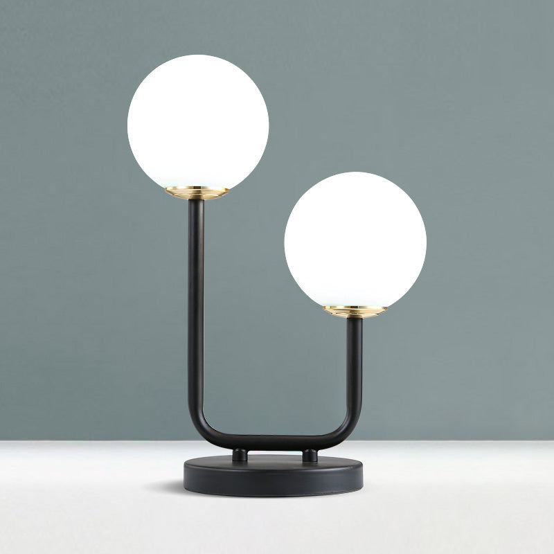 2 Heads Bedroom Table Light Modern Black Small Desk Lamp with Globe Opal Glass Shade