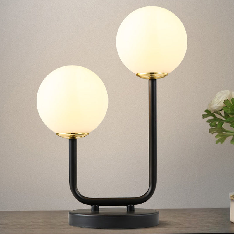 2 Heads Bedroom Table Light Modern Black Small Desk Lamp with Globe Opal Glass Shade