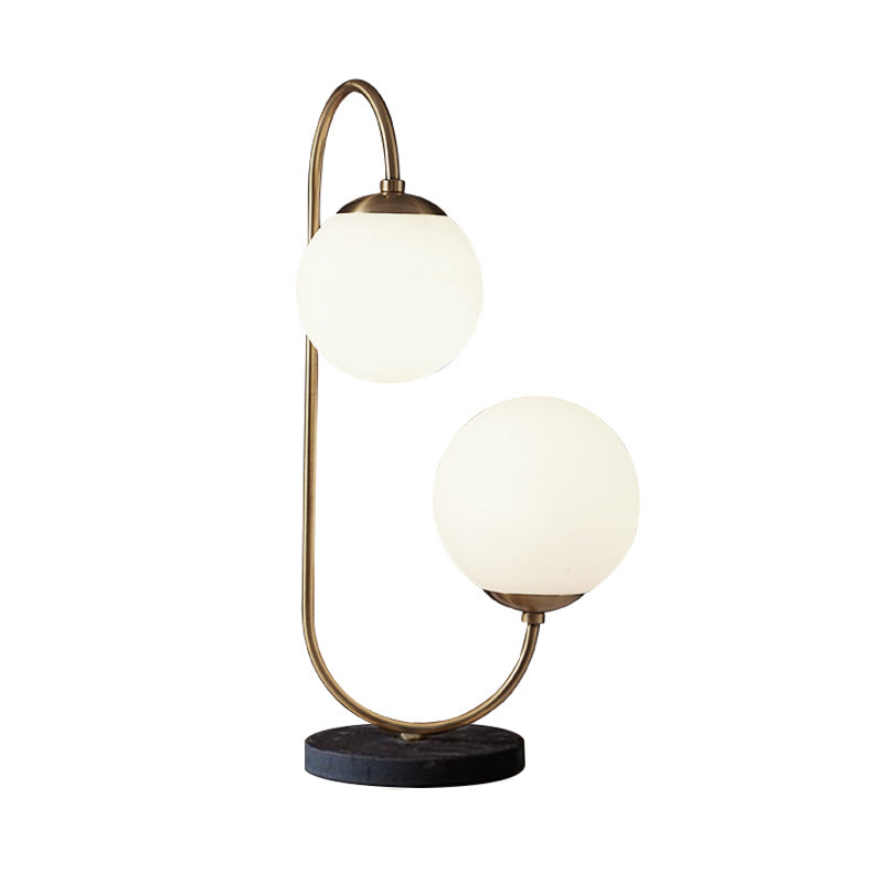 White Glass Ball Task Lamp Modern 2 Bulbs Table Light in Brass with Curvy Metal Arm