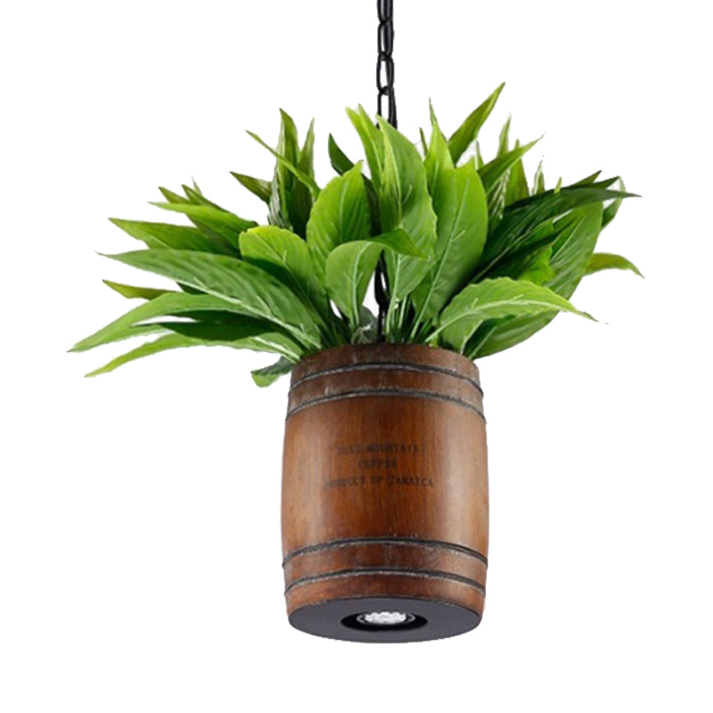 1 Head Barrel Suspension Lamp Industrial Brown Wooden Ceiling Pendant with Plant for Restaurant