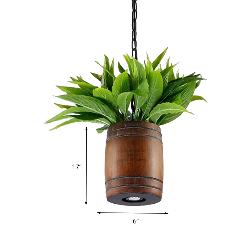 1 Head Barrel Suspension Lamp Industrial Brown Wooden Ceiling Pendant with Plant for Restaurant