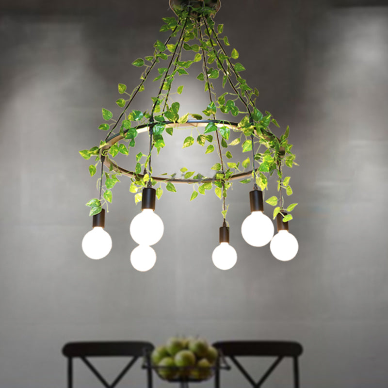 Bare Bulb Restaurant Cluster Pendant Industrial Metal 6 Bulbs Black Ceiling Lamp with Plant Decor