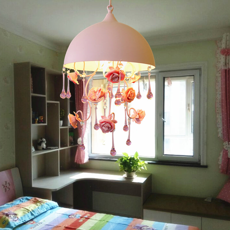 1 Light Dome Pendant Lamp Pastoral Pink Metal Rose Hanging Light Fixture for Living Room