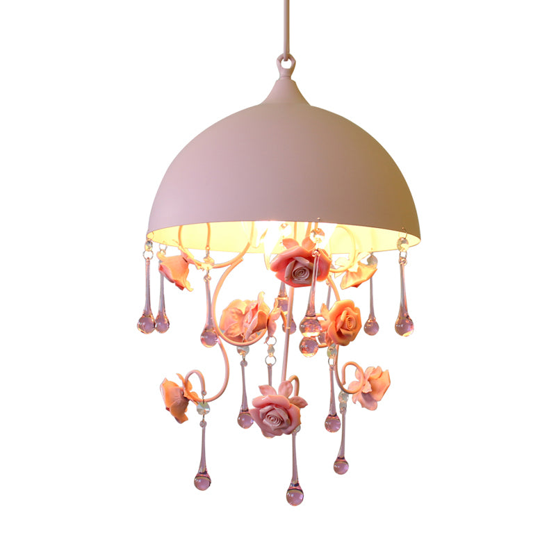 1 Light Dome Pendant Lamp Pastoral Pink Metal Rose Hanging Light Fixture for Living Room