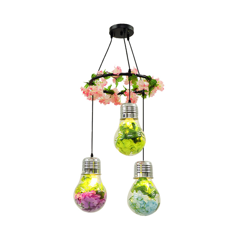 Clear Glass Bulb Cluster Pendant Industrial 3 Lights Restaurant LED Ceiling Lamp in Black with Flower Decoration