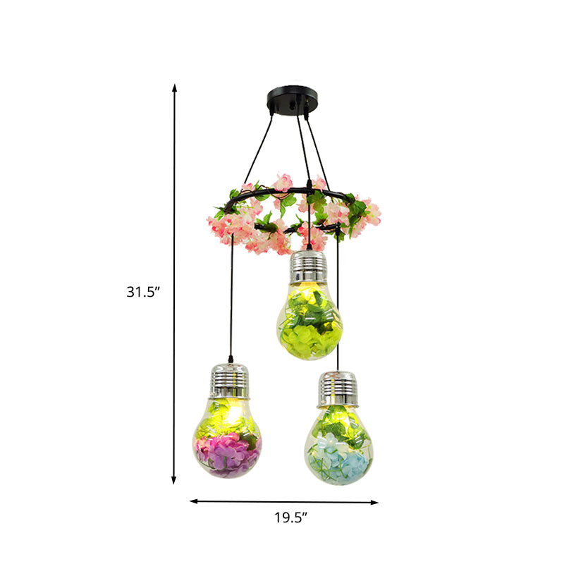 Clear Glass Bulb Cluster Pendant Industrial 3 Lights Restaurant LED Ceiling Lamp in Black with Flower Decoration