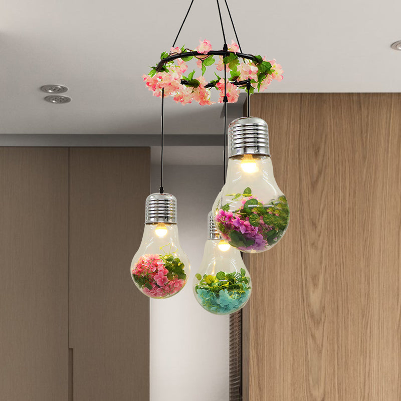 Clear Glass Bulb Cluster Pendant Industrial 3 Lights Restaurant LED Ceiling Lamp in Black with Flower Decoration