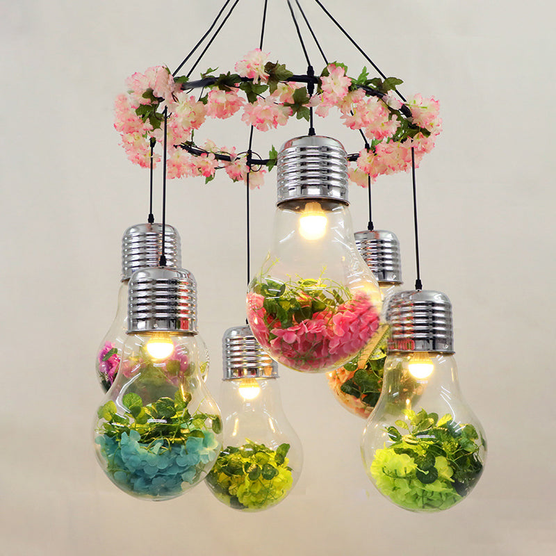 Black 6 Heads Cluster Pendant Industrial Clear Glass Bulb Shape LED Flower Suspension Light for Restaurant