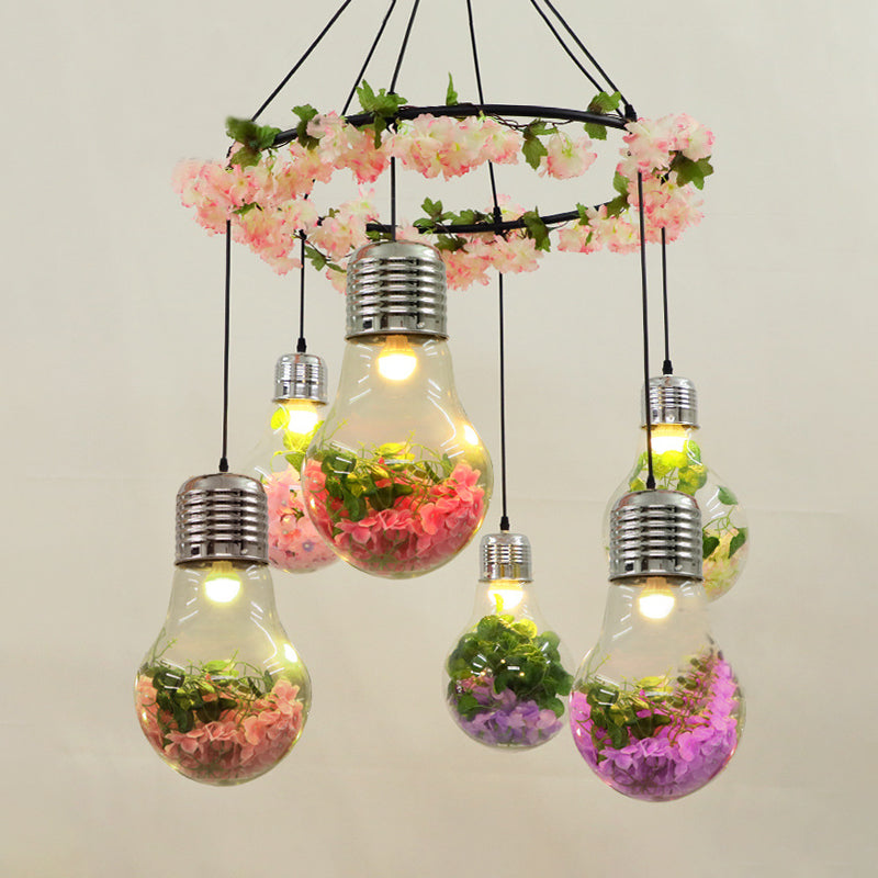 Black 6 Heads Cluster Pendant Industrial Clear Glass Bulb Shape LED Flower Suspension Light for Restaurant