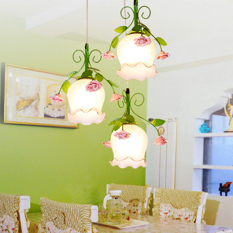 Flower White Glass Cluster Pendant Pastoral 3 Heads Dining Room LED Hanging Ceiling Light