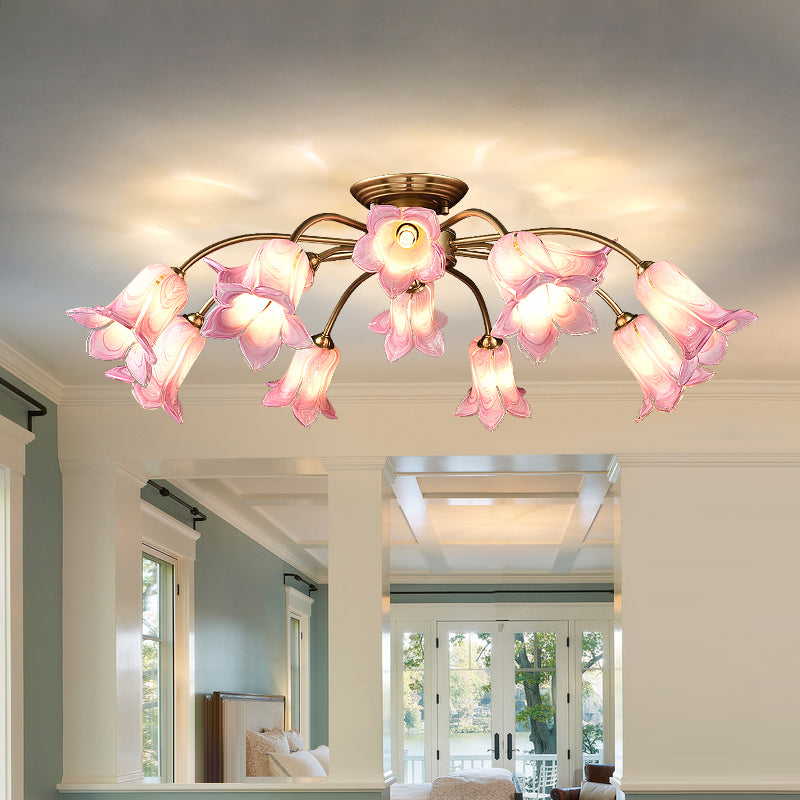 10 Heads Ceiling Mounted Fixture Pastoral Bedroom LED Semi Flush Mount Lighting with Lily/Tulip White/Purple/Beige Glass Shade