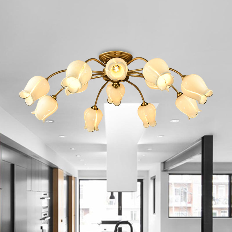 10 Köpfe Deckenmontagedise Pastoral Schlafzimmer LED Semi Flush Mount Leuchte mit Lilien-/Tulpe weiß/lila/beige Glasschatten