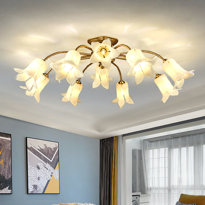 10 Heads Ceiling Mounted Fixture Pastoral Bedroom LED Semi Flush Mount Lighting with Lily/Tulip White/Purple/Beige Glass Shade