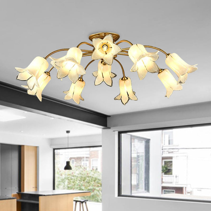 10 Heads Ceiling Mounted Fixture Pastoral Bedroom LED Semi Flush Mount Lighting with Lily/Tulip White/Purple/Beige Glass Shade